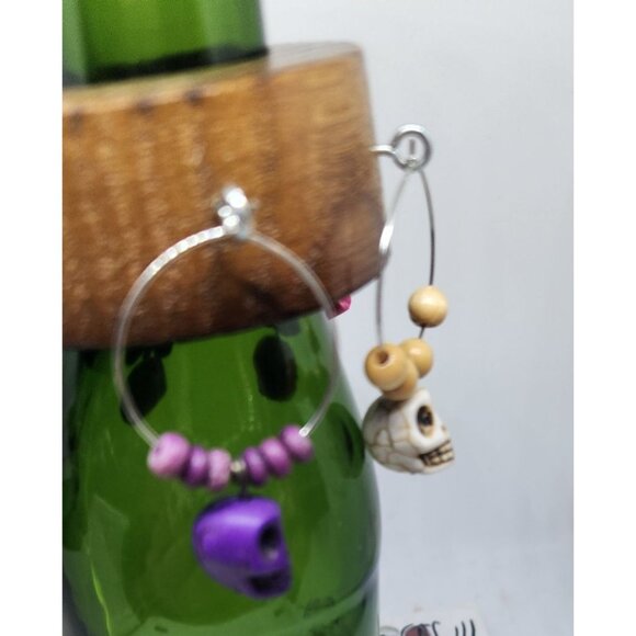 Skull Colorful Wine Glass Charms Set - 6  Themed Unique Charms With Beads & Wood - Picture 9 of 14